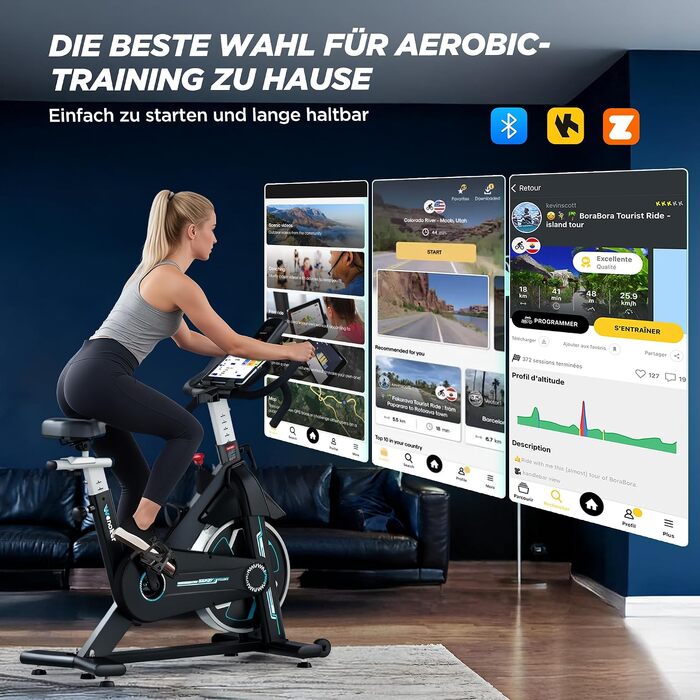 Велотренажер WENOKER 2026 з LCD-дисплеєм та підтримкою App, спінінг-байк для дому до 160 кг, з важким маховиком та плавним регулюванням опору (Чорний-Світло-блакитний)
