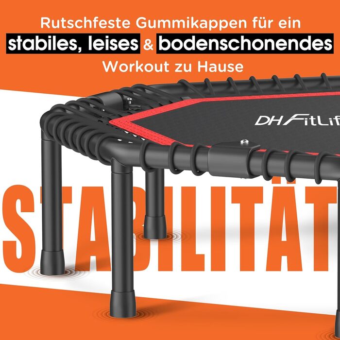 Трамплін для фітнесу DH FitLife: складаний, тихий, з гумовим тросом, без встановлення. Діаметр 115/128 см, з 3 рівнями регулювання ручки. Підходить для занять вдома та на вулиці.