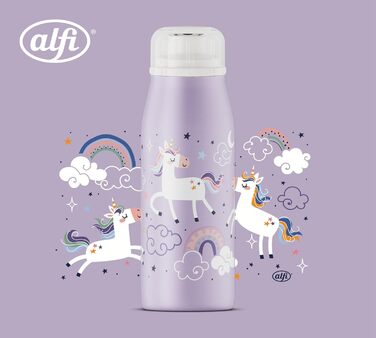 Дитяча термос-пляшка alfi KIDS ISO 350 мл, ліловий Єдиноріг, нержавіюча сталь, герметична, зберігає тепло 12 годин, холод 24 години, для газованих напоїв, BPA-free