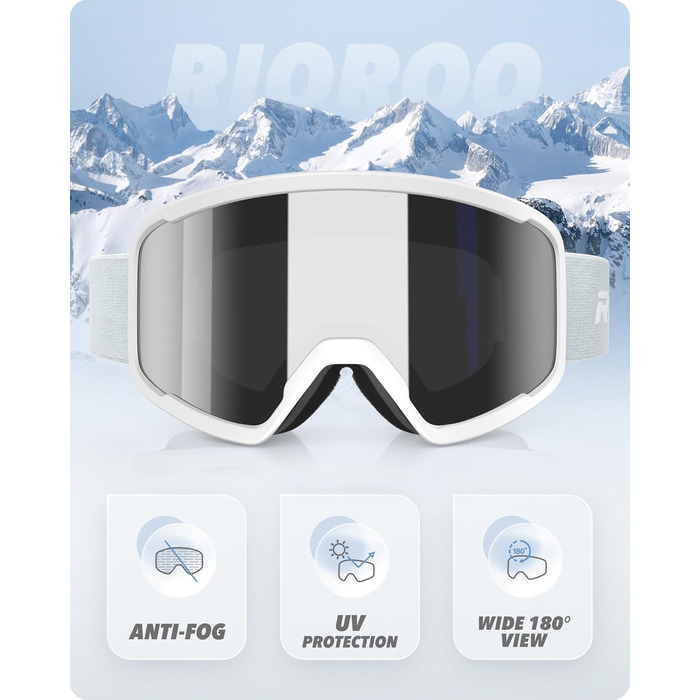 RIOROO Лижна маска для чоловіків і жінок, OTG, 100% UV-захист, сноубордична маска для власників окулярів, антифог, біло-срібляста