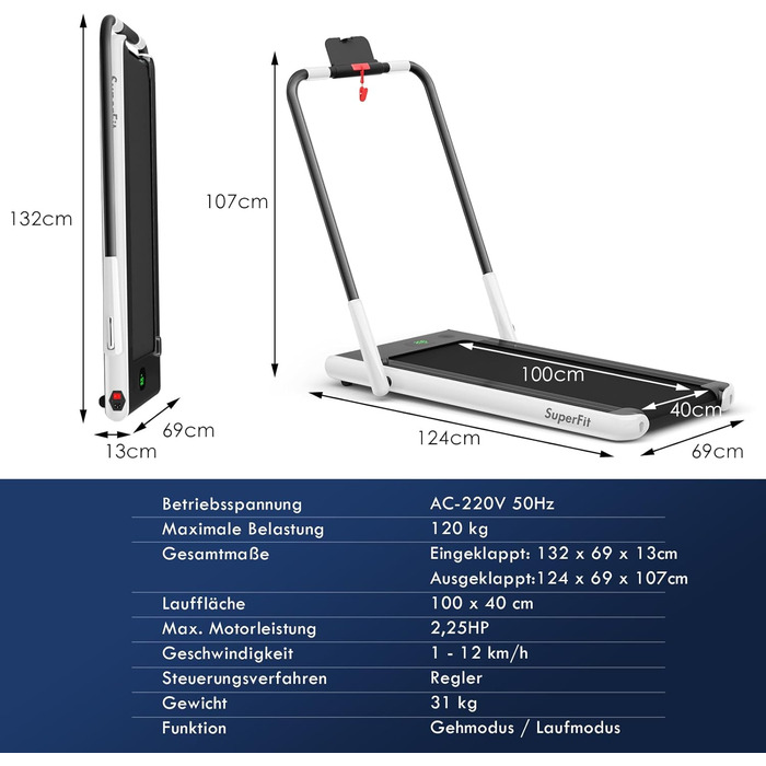 Бігова доріжка COSTWAY 2-в-1, складана, 2,25 к.с., з APP, Bluetooth, пультом ДУ, 1-12 км/год, для дому, біла