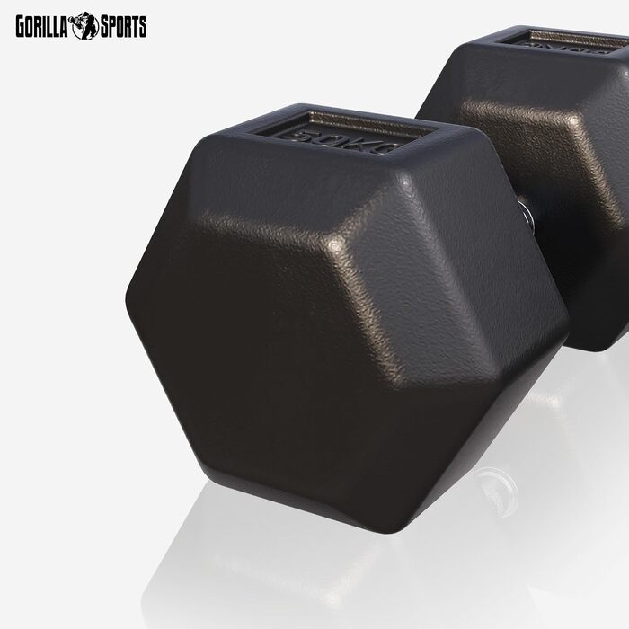 Гантелі GORILLA SPORTS Hexagon 50 кг – шестигранні, гумові, чавунні, рифлений хромований гриф, чорні, для фітнесу та силових тренувань
