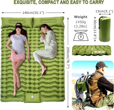 Саморозкладаний килимок для кемпінгу YuanDiann 200x140 см на 2 особи, армійний зелений, з помпою та подушкою