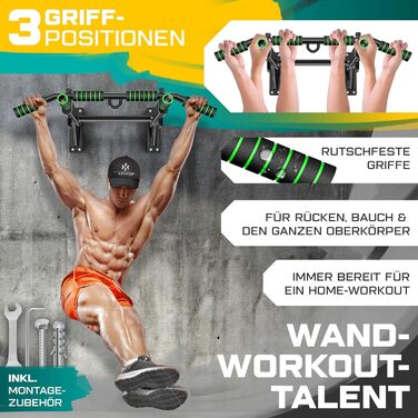 KESSER® Турнік настінний 4-в-1 з ручками, мотузками, кільцями та боксерською грушею. Безпечний та стабільний. Для дому. Зелений