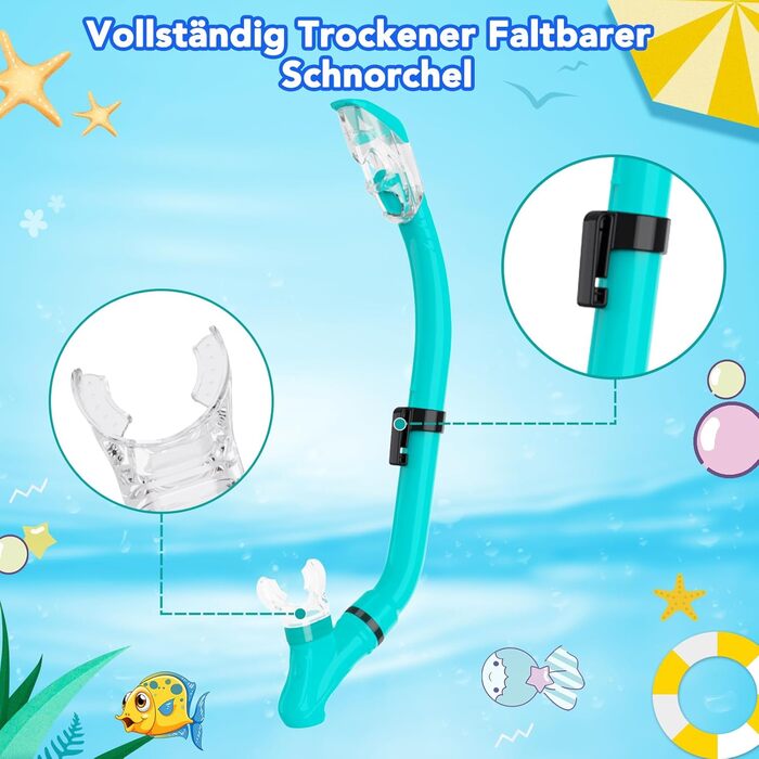 Набір для снорклінгу для дітей з ластами, маска з панорамним оглядом 180°, регульовані ласти, високоякісна маска та сухий снорк (трубка) для плавання, Aquagrün