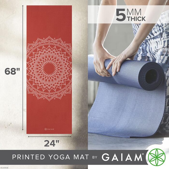 Йога мат Gaiam, 5 мм, неслизький, для йоги, пілатесу та тренувань на підлозі, розмір 172.7 x 61 x 5 мм, колір Sunburnt Marrakesch