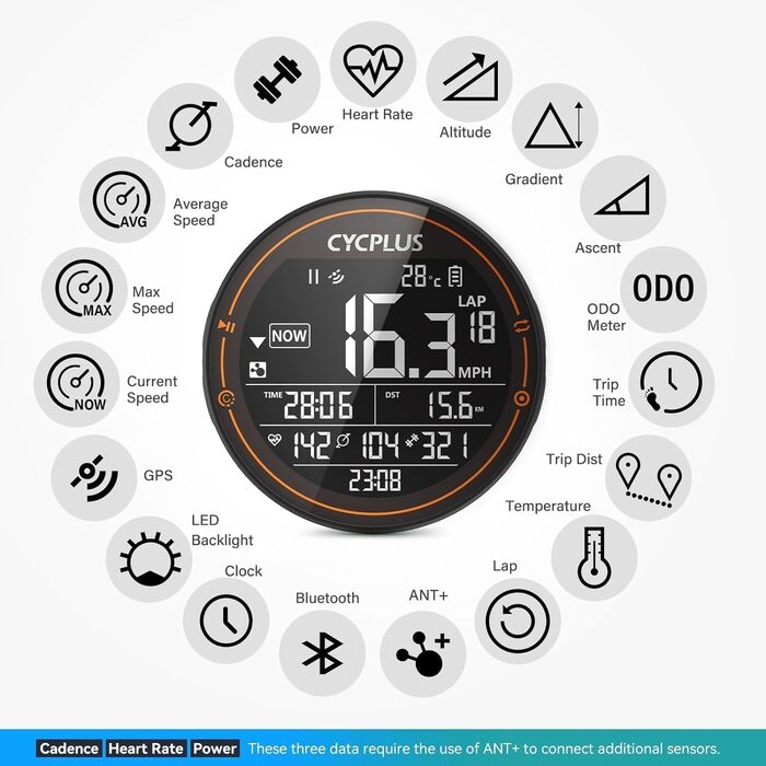 Велокомп'ютер CYCPLUS GPS, бездротовий, водонепроникний IPX6, Bluetooth 5.0, ANT+, одометр, для шосейного велосипеда, сумісний зі Strava (оновлений)