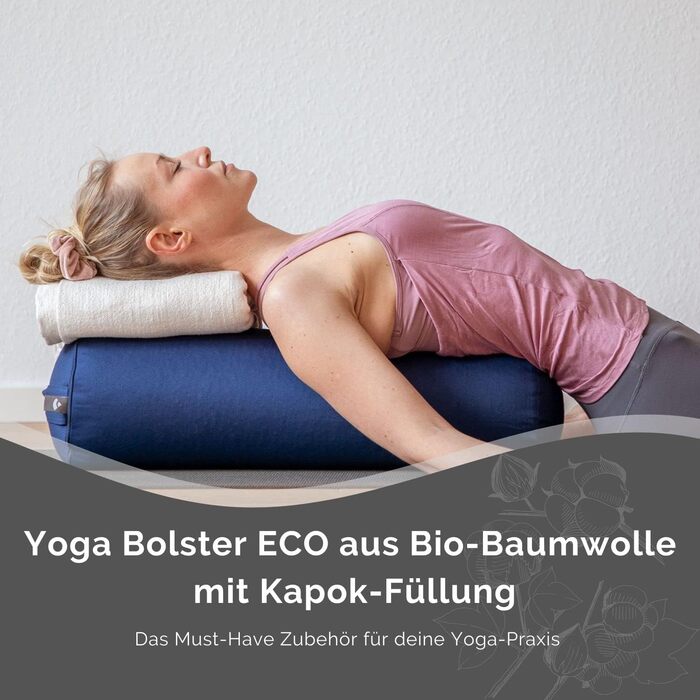 Болстер для йоги Bodhi ECO з наповнювачем з капоку, знімний чохол із 100% органічної бавовни, подушка для йоги 65x22 см, чорний, для відновлювальної йоги