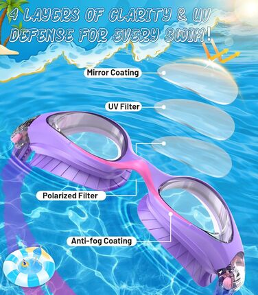 Дитячі окуляри для плавання Schwimmbrille - маска для хлопчиків та дівчаток з UV-захистом та антифогом, водонепроникні, прозорі лінзи, для дітей 6-14 років (Ліловий колір)