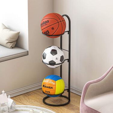 Стійка для м'ячів AGTEK: Органайзер для гаража, 3 кошики для баскетбольних, футбольних та волейбольних м'ячів, чорний