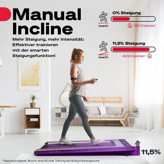 Біговий тренажер Sportstech для дому, Walking Pad, швидкість 1-8 км/год, тренажер під стіл, кут нахилу 11,5%, тихий, з підключенням до додатку, вантажопідйомність 120 кг, компактний, LCD дисплей, для дому, офісу, sWalk GWD