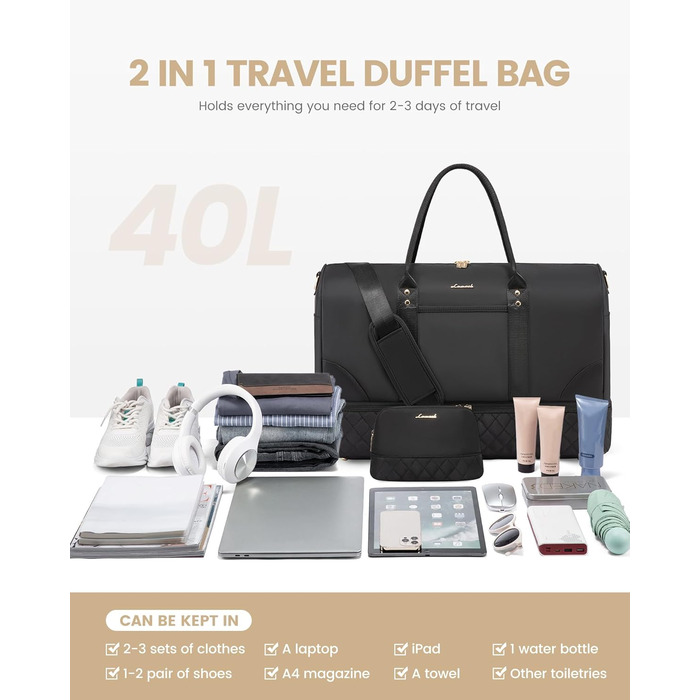 Сумка-мішок LOVEVOOK для жінок: дорожня/спортивна сумка-мішок з відділенням для взуття та мокрих речей, 2 шт. (40л, чорний)