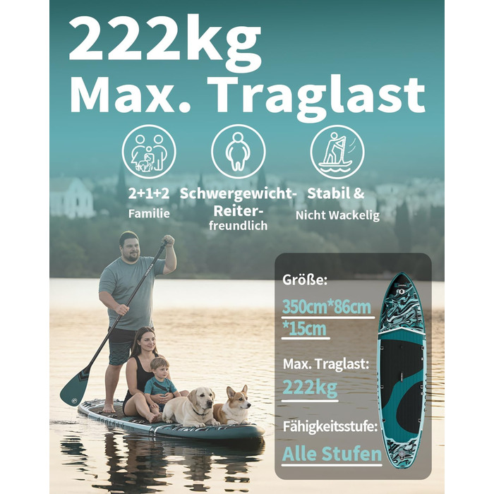 SUP дошка COOLCAA 355 см надувна, з веслом та аксесуарами, для дорослих до 222 кг
