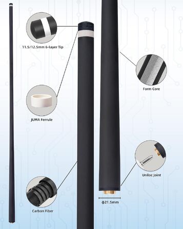 Карбоновий шафт для більярдного кия KONLLEN Low Deflection з Pro-Taper, 11.5/12.5 мм, з'єднання Uni-Loc, 74 см, чорний