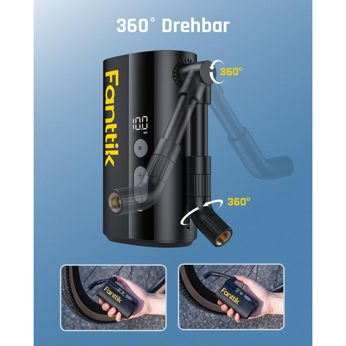 Електрична велосипедна помпа Fanttik X9 Ace Mini, акумуляторна, 150 PSI, швидке накачування, для Presta і Schrader вентилів, підходить для шосейних, гірських, електровелосипедів та міських велосипедів