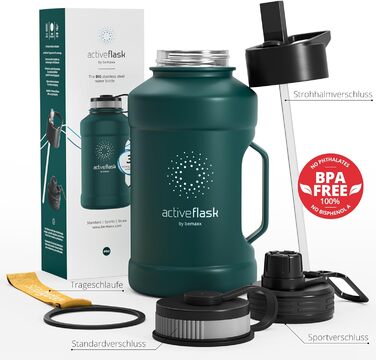 Спортивна пляшка BeMaxx ACTIVE FLASK 1,3 л з нержавіючої сталі, 3 кришки, трубочка, BPA-free, герметична, для води, газованих напоїв, для спорту, фітнесу, туризму