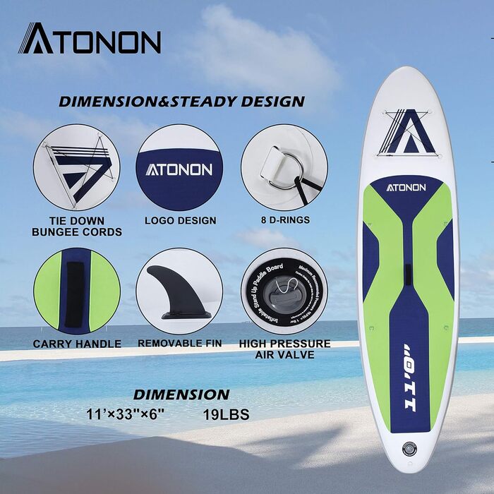 Надувний SUP (Stand Up Paddle Board) ATONON GREEN з аксесуарами | Для початківців, підлітків та дорослих | Широкий, з антиковзким покриттям та нижніми плавниками для контролю в серфінгу