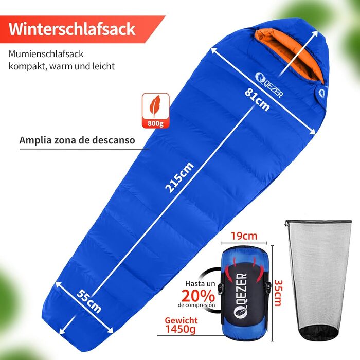 Спальний мішок пуховий Daunenschlafsack зимовий 0°C до -23°C для дорослих та дітей, 4 сезони, синій сапфір, 800 г пуху, комфортна температура 7°C