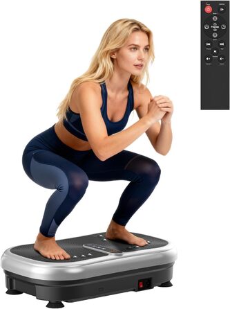 Вібраційна платформа 200W для фітнесу з пультом дистанційного керування, 120 рівнів, ультразвук та гумові ніжки – для домашніх тренувань, підтяжки м'язів та регенерації, ідеально для жінок та людей похилого віку, сріблястого кольору