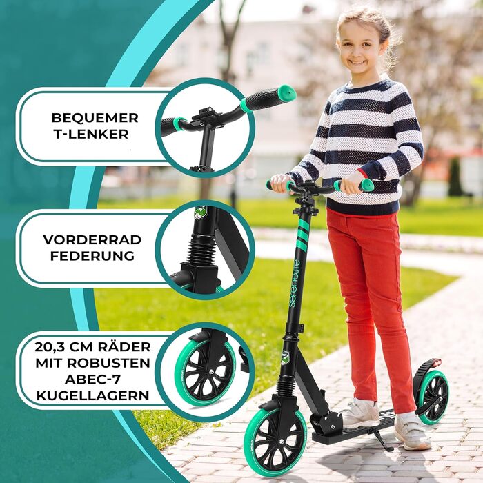 Самокат SereneLife Roller: складаний міський самокат з великими колесами, регульованою висотою, ременем для перенесення, підставкою та ножним гальмом до 100 кг (Аква)