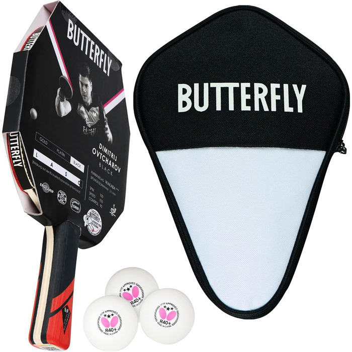 Настільна ракетка Butterfly Dimitrij Ovtcharov Black для тенісу, ITTF сертифікат, гумове покриття Wakaba 2,1 мм, Eva-технологія, комплект з чохлом і 3 м'ячами, для професійних гравців