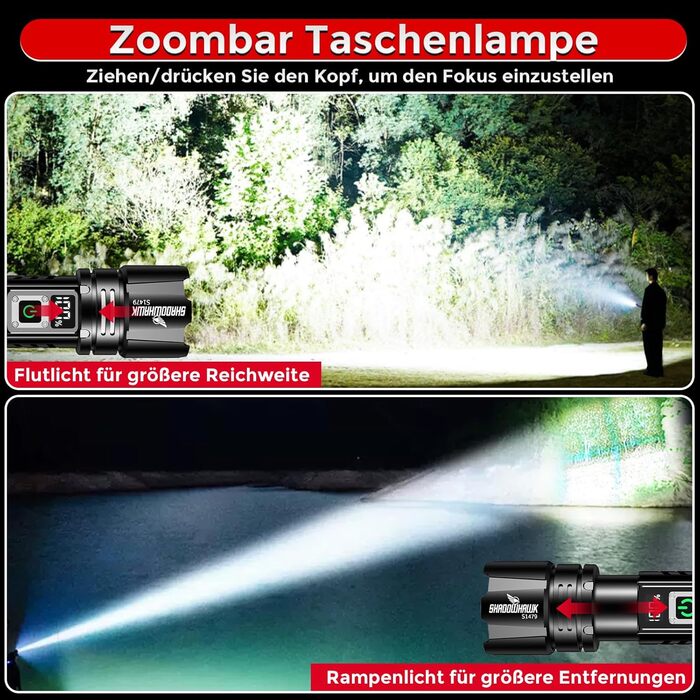 Тактичний ліхтарик Shadowhawk 500000 Lumen з LED, перезарядний, дальність до 1000м, 24г роботи (2 акумулятори), LCD-індикатор заряду, 10.0 Вт, для кемпінгу, туризму, активного відпочинку