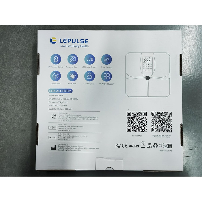 Розумна вага Lepulse F4 Pro, біла, з аналізом жиру та м’язової маси, 15 індикаторів, перезаряджається, великий дисплей