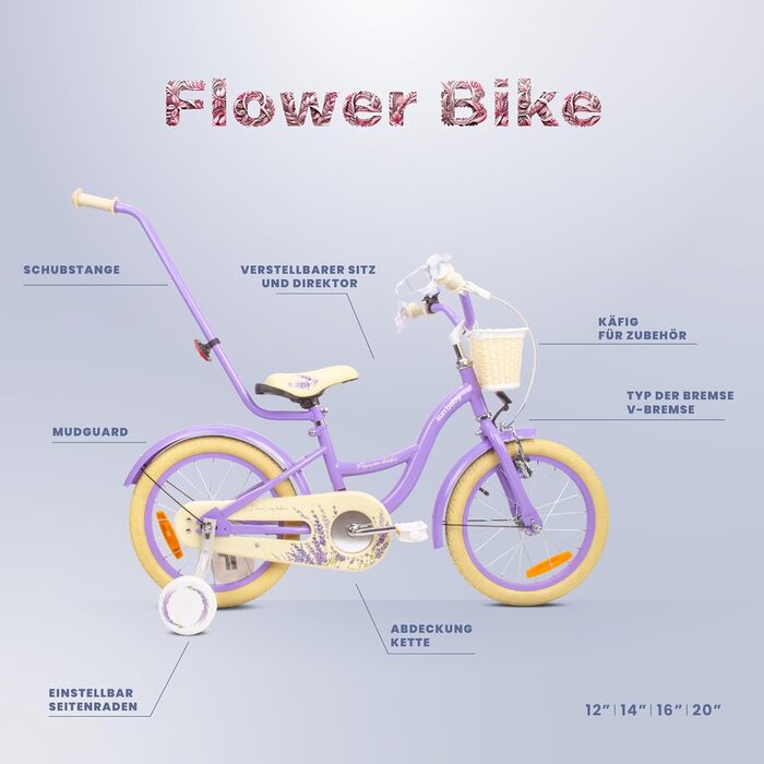 Дитячий велосипед Sun Baby Flower для дівчаток 2-6 років, знімна штанга, різні розміри коліс
