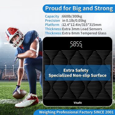 Ваги підлогові Vitafit 300 кг, чорні: цифровий BMI, Bluetooth, скло 8 мм, LED-дисплей