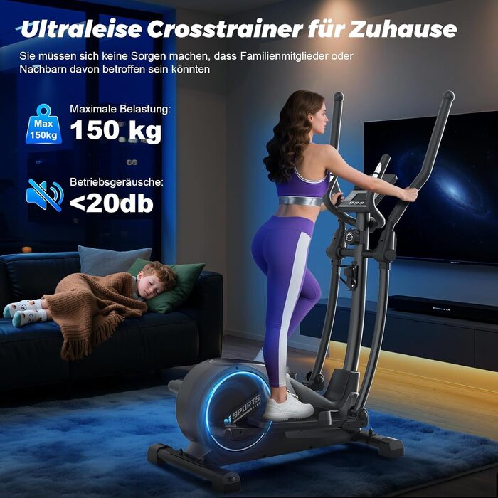 Еліптичний тренажер Neezee для дому: тихий, з 16 рівнями опору, 8 кг маховиком, LCD-дисплеєм (Bluetooth), до 150 кг, чорний