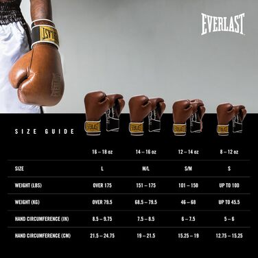 Боксерські рукавички Everlast 1910 Classic з натуральної шкіри, для тренувань з мішком та лапами, на липучці, потрійна амортизація, ергономічне зчеплення – Оригінальні Everlast, Колір: Коричневий, Розмір: 14OZ