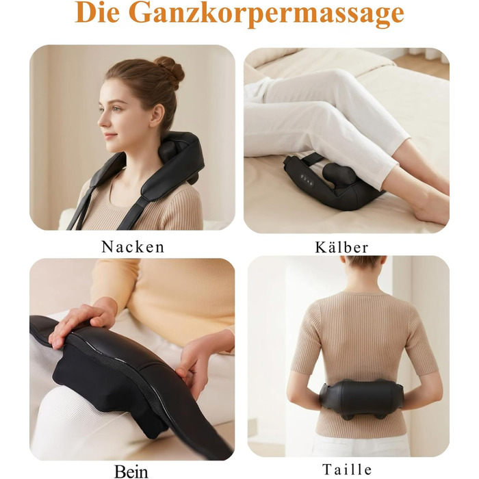 Бездротовий масажер для шиї та плечей 4D Shiatsu з підігрівом, електричний масажер для спини та м'язів, чорний