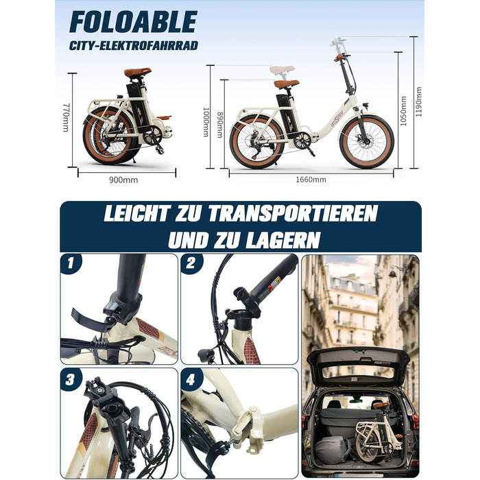 Електровелосипед OT16-2 для дорослих, складаний 20 дюймів, міський e-bike для ком'ютингу з Bluetooth, 3 режими, мотор 250W, знімний акумулятор 48V 17Ah