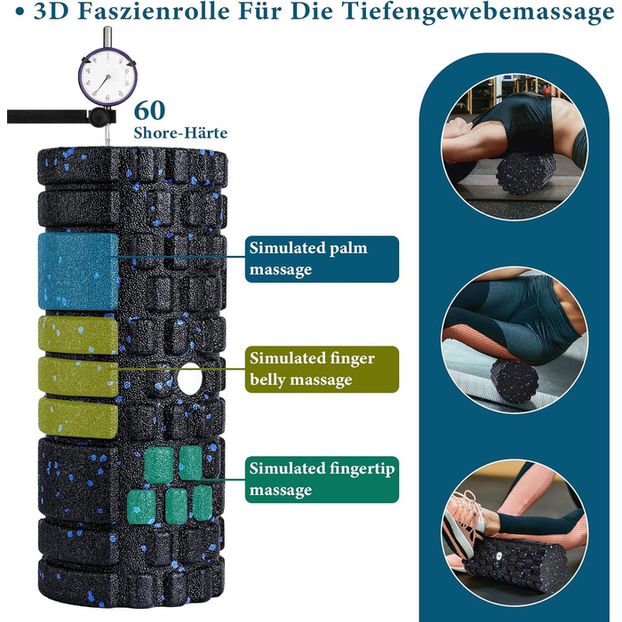 Набір масажних роликів для м'язів та фасцій (Foam Roller Set): великий ролик, міні-ролик та дуо-бол для йоги та відновлення, синій