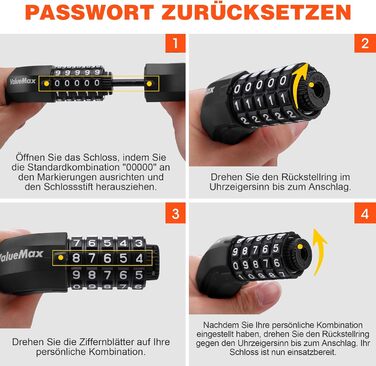 Замок для велосипеда ValueMax з кодовим замком, 100 см, 5-значний код, сталевий ланцюг 8 мм, чорний/білий