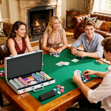 Набір для покеру з аксесуарами та фішками: кейс для покерних фішок, включаючи підставку, комплект з 300 фішок, 2 колодами карт та 5 кубиками.