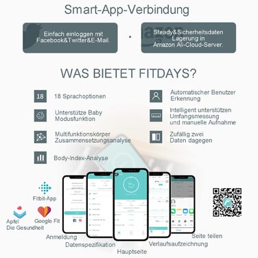 Ваги для вимірювання жиру в тілі Nilpferd, цифрові ваги, аналіз складу тіла з APP та Bluetooth, 180 кг, високоточні сенсори, сумісність з iOS та Android, батареї в комплекті, чорний