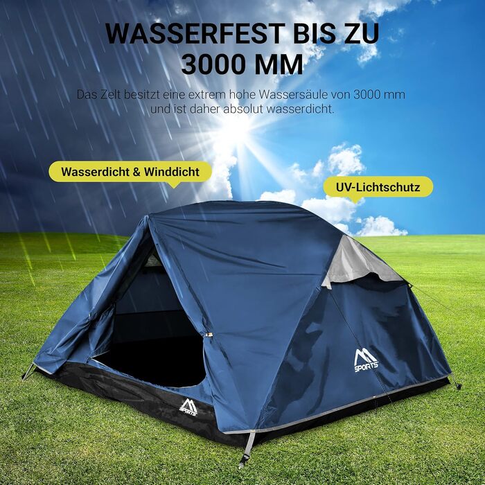 Намет MSPORTS Campingzelt Professional 3-місний, синій - водонепроникний, вітростійкий купольний намет 237x134 см