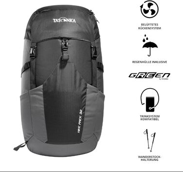 Рюкзак Tatonka Hike Pack 32 л з вентиляцією спини та дощовиком, легкий туристичний рюкзак для походів, чорний/сірий