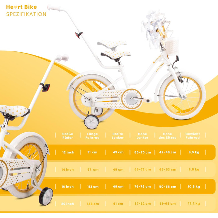 Дівчача дитяча велосипед Sun Baby Heart Bike 12/14/16 дюймів, знімний ручка-штовхач, для дітей 2-6 років (білий золото, 16 дюймів)