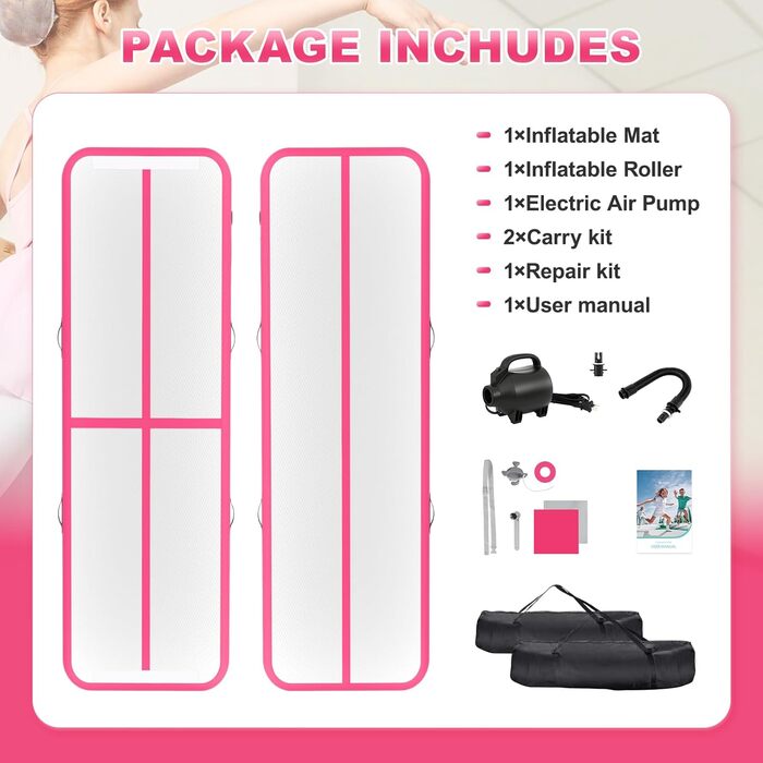 Airtrack мат для гімнастики 10 см, 3м/4м + повітряний рол 100x60см, електричний насос (Рожевий, 300x100x10см + 100x60см)