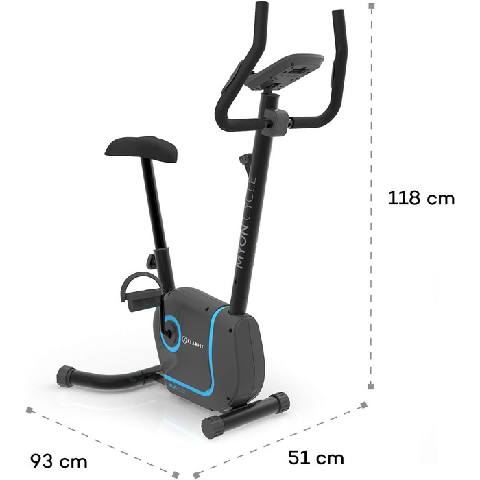 Велотренажер KLAR FIT Myon Cycle з маховиком 12 кг, ремінний привід SilentBelt, 8 рівнів навантаження, вимірювач пульсу, регульована висота сидіння, підставка для планшета, білий (чорний)