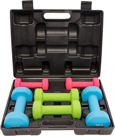 GORILLA SPORTS® Набір гантелей 12 кг з кейсом, нековзкі неопрена, 2×1 кг, 2×2 кг, 2×3 кг, для фітнесу, аеробіки та силових тренувань