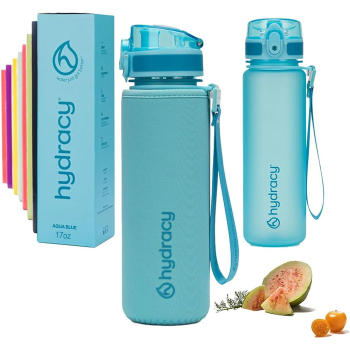 Пляшка для води Hydracy з фруктовим інфузером, 500 мл, BPA-free, із часовими мітками, герметична спортивна пляшка без конденсату, швидке пиття, для спорту та активного відпочинку, аква-синя