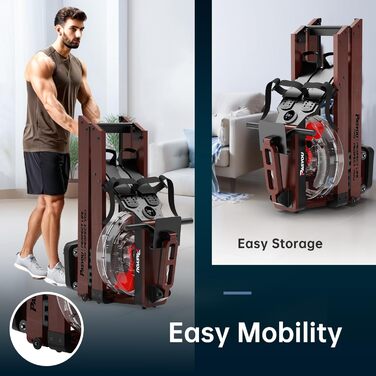 PASYOU Гребний тренажер для дому з дуба, складаний водяний рушникоріз з Bluetooth дисплеєм та 30-денною безкоштовною підпискою на Kinomap, рушникоріз з регульованим тримачем для планшету, вантажопідйомність 150 кг, PW60, коричневий