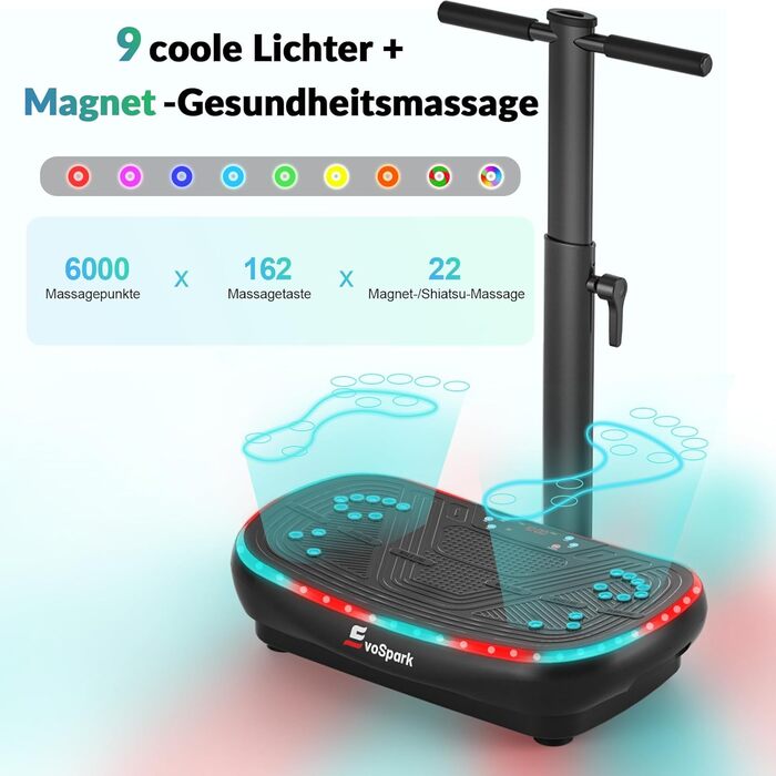 Vibrationsplatte EvoSpark 4D PRO 7-в-1: Тест-переможець 2025, 900W, 9 LED, 550 lbs, з ручкою для домашніх тренувань