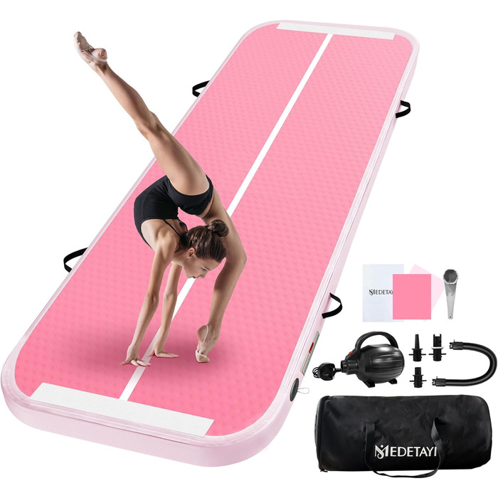 Гімнастичний надувний мат (килимок) 2м/3м/4м/5м/6м, 10см, для фітнесу, йоги, танців, рожевий, з насосом, для дому