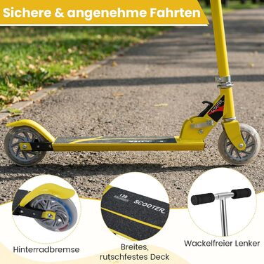 Дитячий ролер GOPLUS Roller Kinder 4 роки з LED-колесами, гальмом на задньому колесі та підніжкою, регульована висота, легкий алюмінієвий, складний, до 70 кг (жовтий)