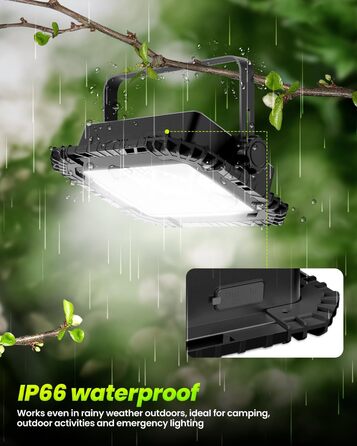 LED прожектор на акумуляторі CLV 200W, 20000mAh, IP66, вологостійкий, 4 режими, 2 рівні яскравості, USB, сонячна панель, для кемпінгу, будівництва, аварійне освітлення (чорний)