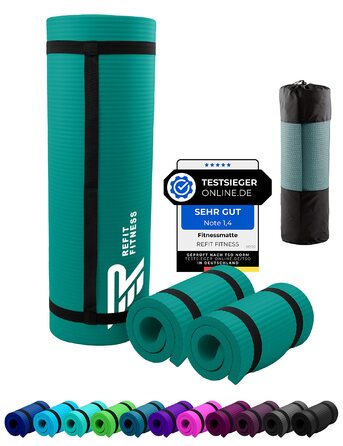 REFIT Premium NBR фітнес-мат/йога-мат 190 x 60 x 1,5 см - з можливістю додавання підкладки для йоги 25 x 61 x 1,5 см - захисні фітнес-подушки для колін - з ремінком та сумкою для перенесення - екологічна мат без фталатів, моховий колір 190x60x1.0